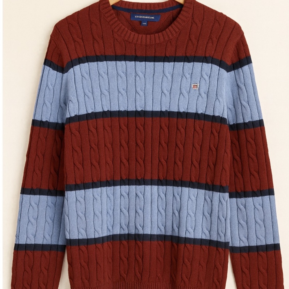 Gant Men's Rust and Light Blue Striped Crewneck Sweater